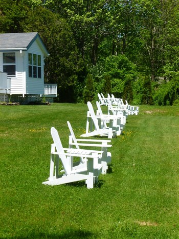 white lawn chairs sitting in the lawn